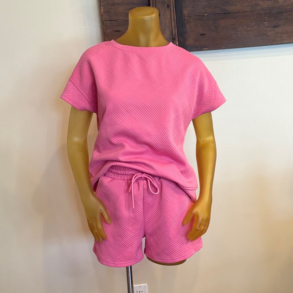 Pink Textured Short Sleeve Top And Shorts Set